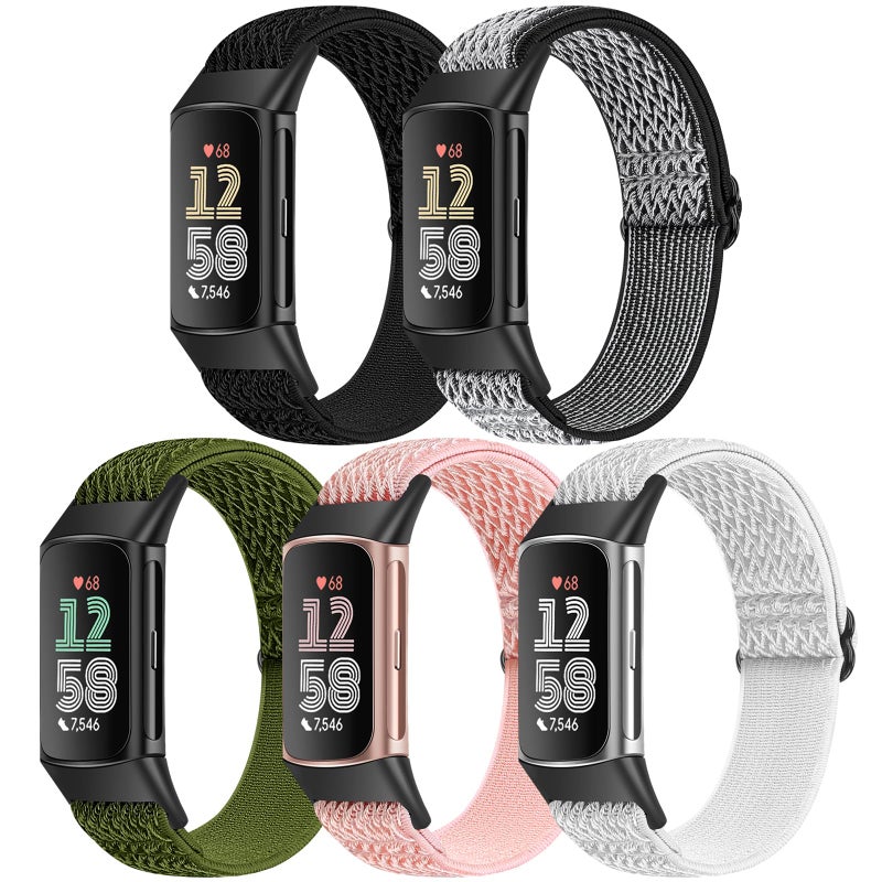 Bcuckood 5 Pack Elastic Nylon Watch Bands Compatible for Fitbit Charge 6/Fitbit Charge 5, Adjustable Breathable Replacement Stretchy Nylon Loop Wristband Sport Strap for Women Men - Image 1