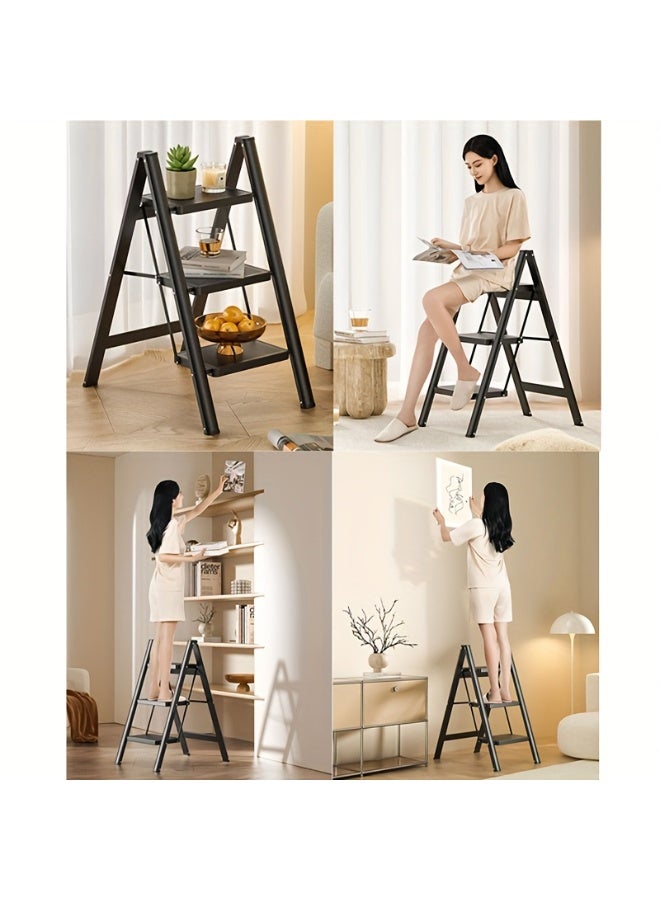 Vparty 3-Step Ladder Folding Step Stool Widened Anti-Slip Pedal 150 Kg Portable Household Ladder And Office Ladder Kitchen Ladder Easy Combination Ladder Black - Image 2