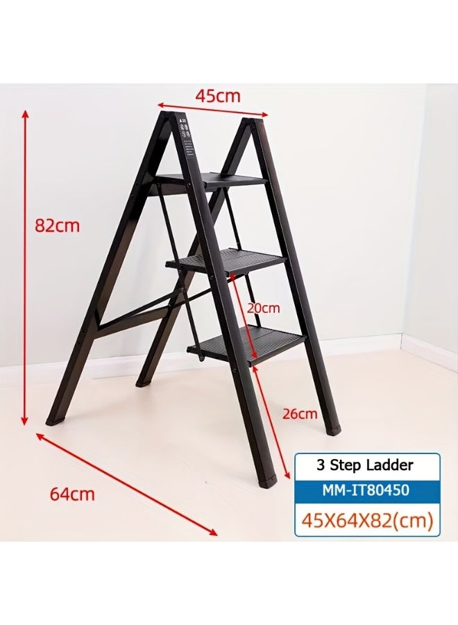 Vparty 3-Step Ladder Folding Step Stool Widened Anti-Slip Pedal 150 Kg Portable Household Ladder And Office Ladder Kitchen Ladder Easy Combination Ladder Black - Image 4