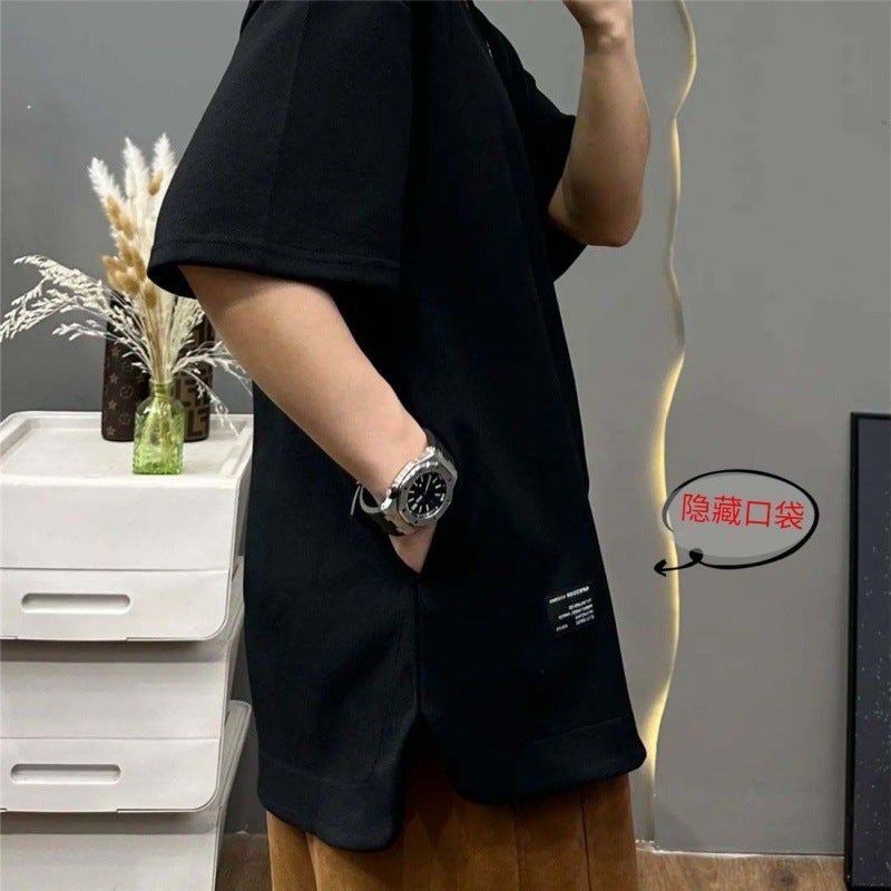 Summer Men'S T-Shirt Hidden Pocket Short-Sleeved T-Shirt Round Neck New All-Match Solid Color Fashionable Loose Plus Size Base - Image 1