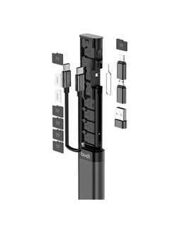 Budi 9-in-1 Multi-Functional Cable Stick – Compact Travel Adapter Kit with 65w USB-C, Lightning, Micro-USB Adapters, SIM & TF Card Storage, Phone Stand, and Fast Charging Support