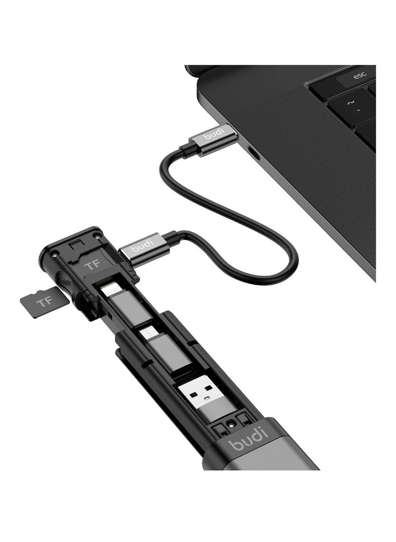 budi - Budi 9-in-1 Multi-Functional Cable Stick – Compact Travel Adapter Kit with 65w USB-C, Lightning, Micro-USB Adapters, SIM & TF Card Storage, Phone Stand, and Fast Charging Support - Image 1