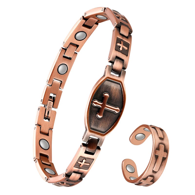 Jeracol Copper Bracelets & Rings for Women, Magnetic Cross Bracelet for Women with Adjustment Tool - Image 1