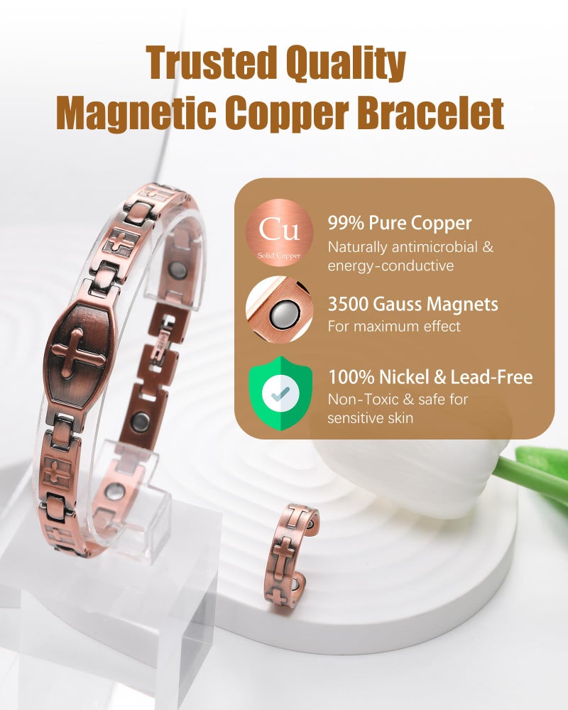 Jeracol Copper Bracelets & Rings for Women, Magnetic Cross Bracelet for Women with Adjustment Tool - Image 2