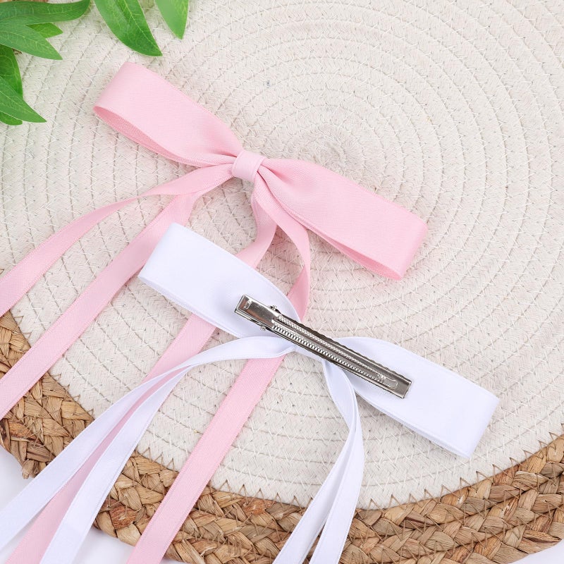 WORTL Hair Bows Clips Coquette Ribbon Bowknot with Long Tail Princess Hair Bows French Barrettes Hair Accessories for Women Girls 16PCS (Pink, White) - Image 3