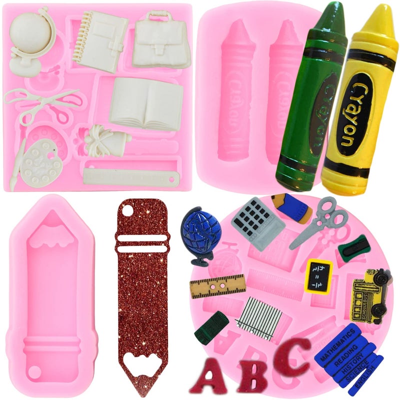 ZiXiang Back to School Silicone Molds Fondant Candy School Bus Book Scissor Drawing Pen Palette Crayon Mold For Cake Decorating Cupcake Topper Chocolate Gum Paste Set of 4