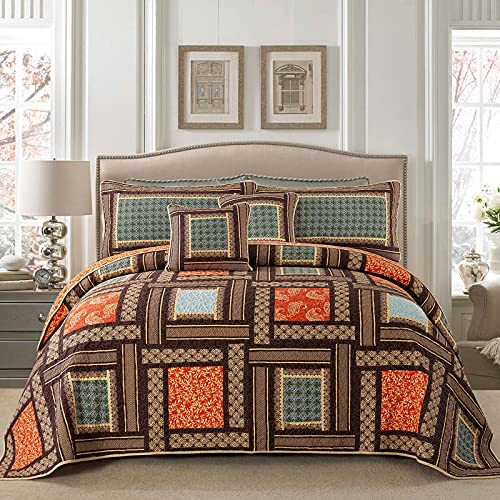 NEWLAKE Cotton Patchwork Bedspread, 3-Piece Bedding Quilt Set with Real Stitched Embroidery, Reversible Matelasse Bed Coverlet Set,Bohemian Farmhouse,Queen Size - Image 1