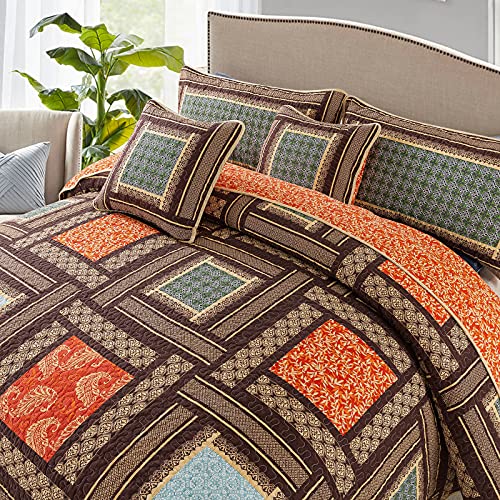 NEWLAKE Cotton Patchwork Bedspread, 3-Piece Bedding Quilt Set with Real Stitched Embroidery, Reversible Matelasse Bed Coverlet Set,Bohemian Farmhouse,Queen Size - Image 2