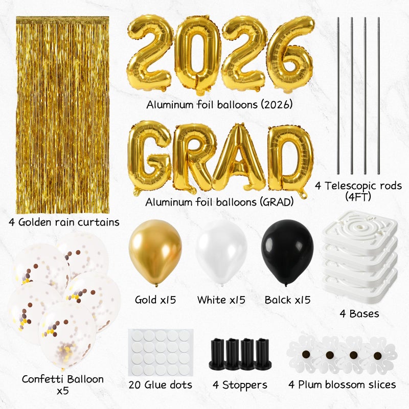 Zesua 2026 Graduation Decorations - Set Of 4 Standing Balloon Topiaries, Balloon Stand Kit Party Centerpieces Decor With Golden Rain Curtains Class Of 2026 Decorations For Kindergarten High School College - Image 3
