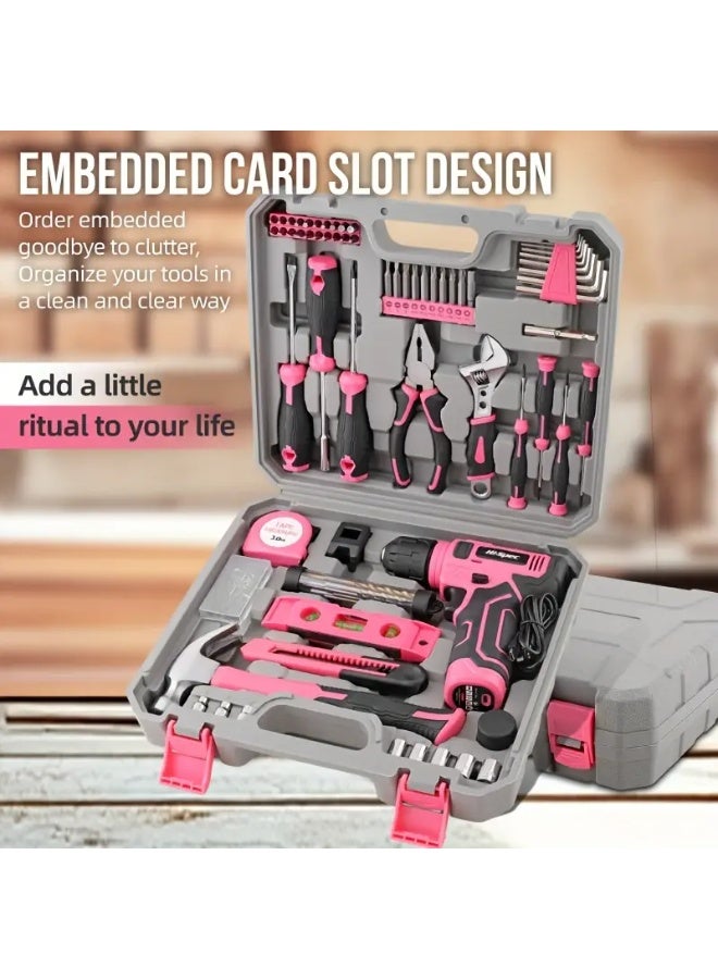 Hi-Spec 133pcs Pink and Black Power Tool Set with USB Rechargeable Battery - Ergonomic, Multi-Purpose DIY Home Repair Kit for Furniture, Garden, and Basic Maintenance - Ideal for School, Office, Apartment, Garage, and Car Toolbox, Garage Toolbox|Ergonomic Handle|Durable Construction, Tool Storage Organizer  - Image 1
