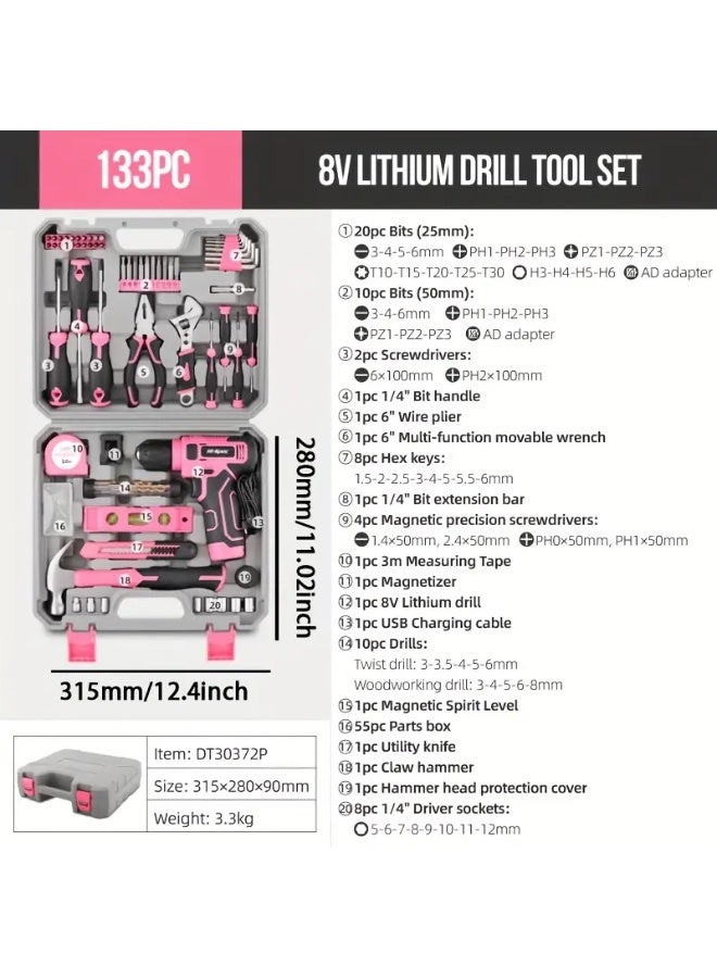 Hi-Spec 133pcs Pink and Black Power Tool Set with USB Rechargeable Battery - Ergonomic, Multi-Purpose DIY Home Repair Kit for Furniture, Garden, and Basic Maintenance - Ideal for School, Office, Apartment, Garage, and Car Toolbox, Garage Toolbox|Ergonomic Handle|Durable Construction, Tool Storage Organizer  - Image 3