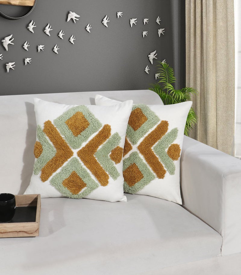 RD TREND® Premium 100% Cotton Boho Cushion Cover 16 Inch x 16 Inch, Aesthetic Hand Tufting Cushion Cover Set of 2 for Couch Sofa, Bedroom, Living Room (White Burnt Ochre) - Image 1