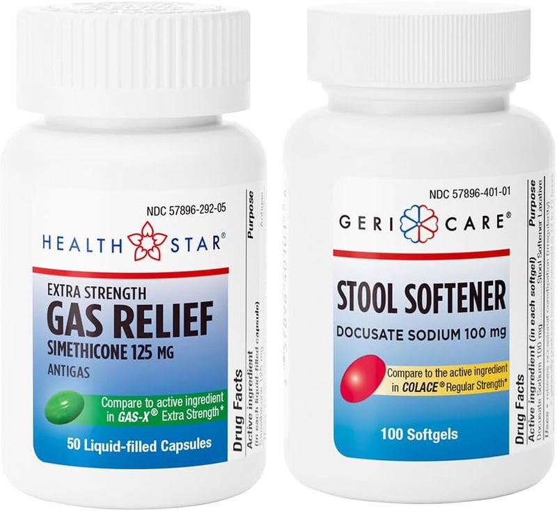 GeriCare Stool Softener  Docusate Sodium 100mg  Extra Strength Gas Relief  Simethicone 125 mg Softgels Gentle Constipation Relief and Fast Gas Bloating  Pressure Relief Bundle Digestive Health - Image 1