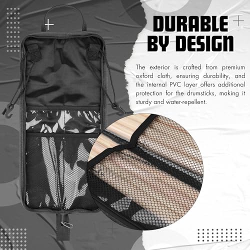 Flexzion Drum Stick Bag Percussion Music Drum Accessories Case with Hook, Card Holder, Adjustable Shoulder Strap Carrying Handle 4 Pairs Kid Drum Sticks Holder Water-Resistant Bag Fabric, Black - Image 5
