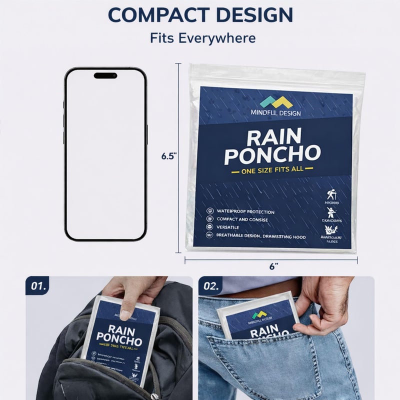 Mindful Design Rain Ponchos with Drawstring Hood (4 Pack) Disposable Emergency Clear Poncho for Adults - Image 3