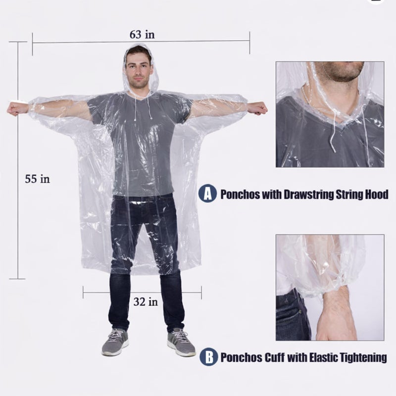 Mindful Design Rain Ponchos with Drawstring Hood (4 Pack) Disposable Emergency Clear Poncho for Adults - Image 2