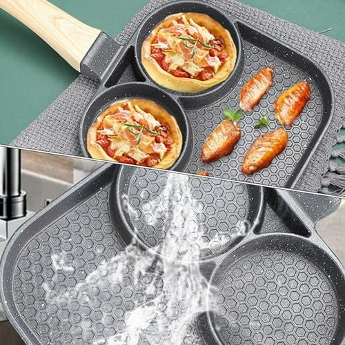 KRESHU Non Stick Medical Stone 3 Holes Frying Pan 3-in-1 Breakfast Egg Omelette Pan with Bakelite Handle Pan for Bacon Kitchen (1-Pcs) - Image 2