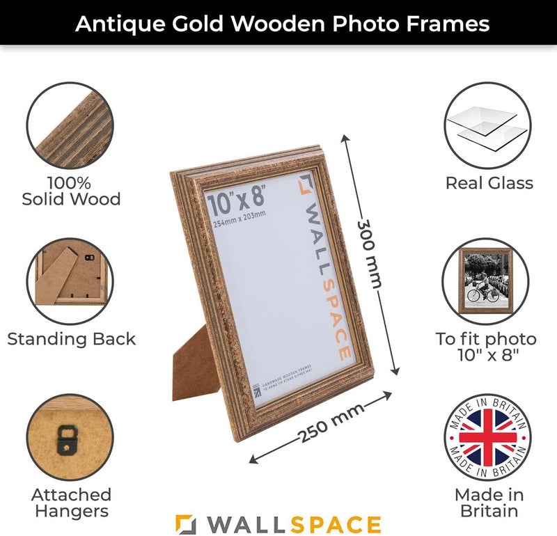 Wall Space 10x8 Gold Frame | Antique Gold Photo Frames 10x8 | 10 x 8 inch Gold Photo Frames | Wooden 8x10 Picture Frames | All 10x8 Gold Wooden Frames are made from SOLID WOOD and have REAL GLASS - Image 2