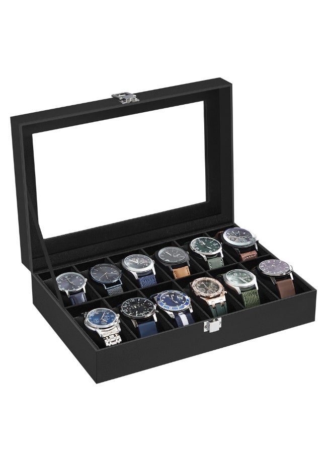 SONGMICS Watch Box, 12-Slot Watch Case with Large Glass Lid, Removable Watch Pillows, Watch Box Organizer, Gift for Loved Ones, Black Synthetic Leather, Black Lining - Image 2