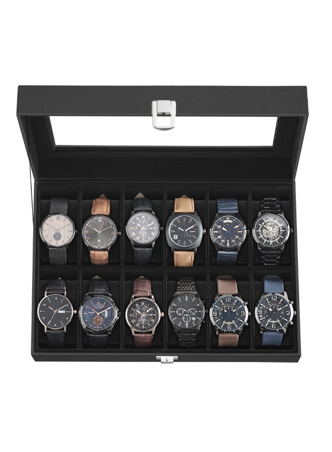 SONGMICS Watch Box, 12-Slot Watch Case with Large Glass Lid, Removable Watch Pillows, Watch Box Organizer, Gift for Loved Ones, Black Synthetic Leather, Black Lining - Image 3