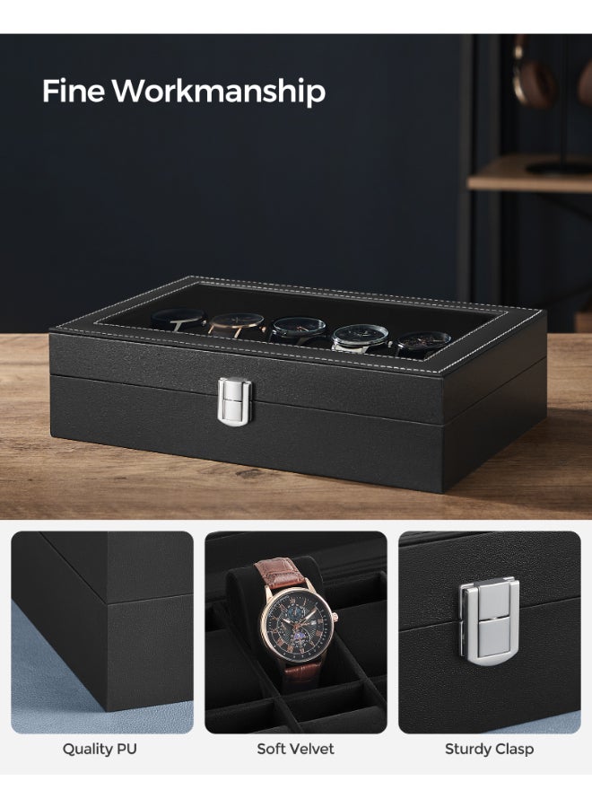 SONGMICS Watch Box, 12-Slot Watch Case with Large Glass Lid, Removable Watch Pillows, Watch Box Organizer, Gift for Loved Ones, Black Synthetic Leather, Black Lining - Image 5