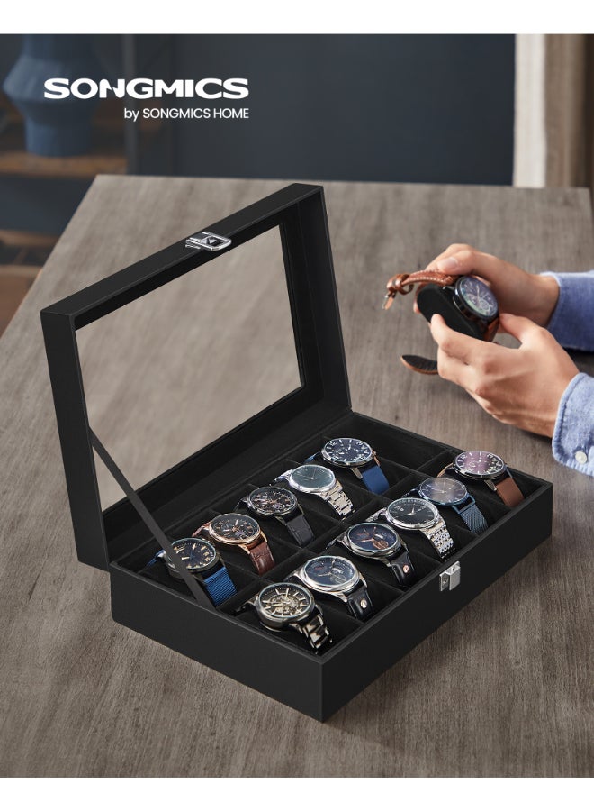 SONGMICS Watch Box, 12-Slot Watch Case with Large Glass Lid, Removable Watch Pillows, Watch Box Organizer, Gift for Loved Ones, Black Synthetic Leather, Black Lining - Image 4