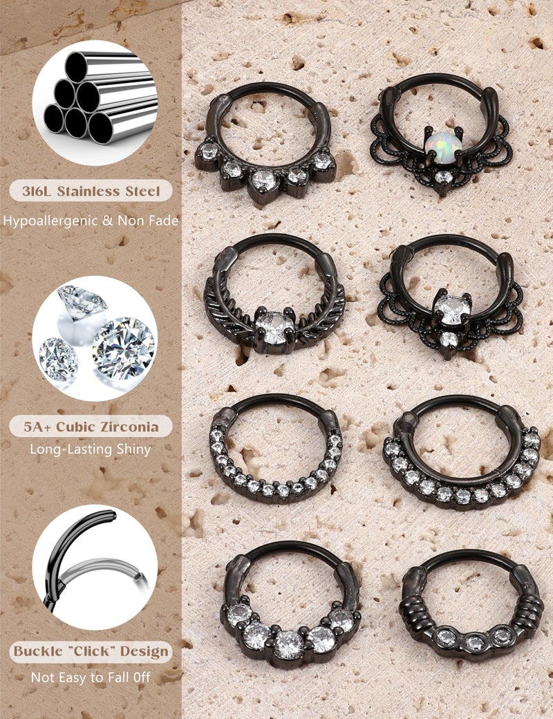 LOYALLOOK 8PCS 16G Septum Clicker Ring Stainless Steel CZ Opal Cartilage Helix Tragus Hoop Daith Earrings Nose Rings Hoop Hinged Segment Clicker Ring Piercing Jewelry Black Tone 10mm - Image 4