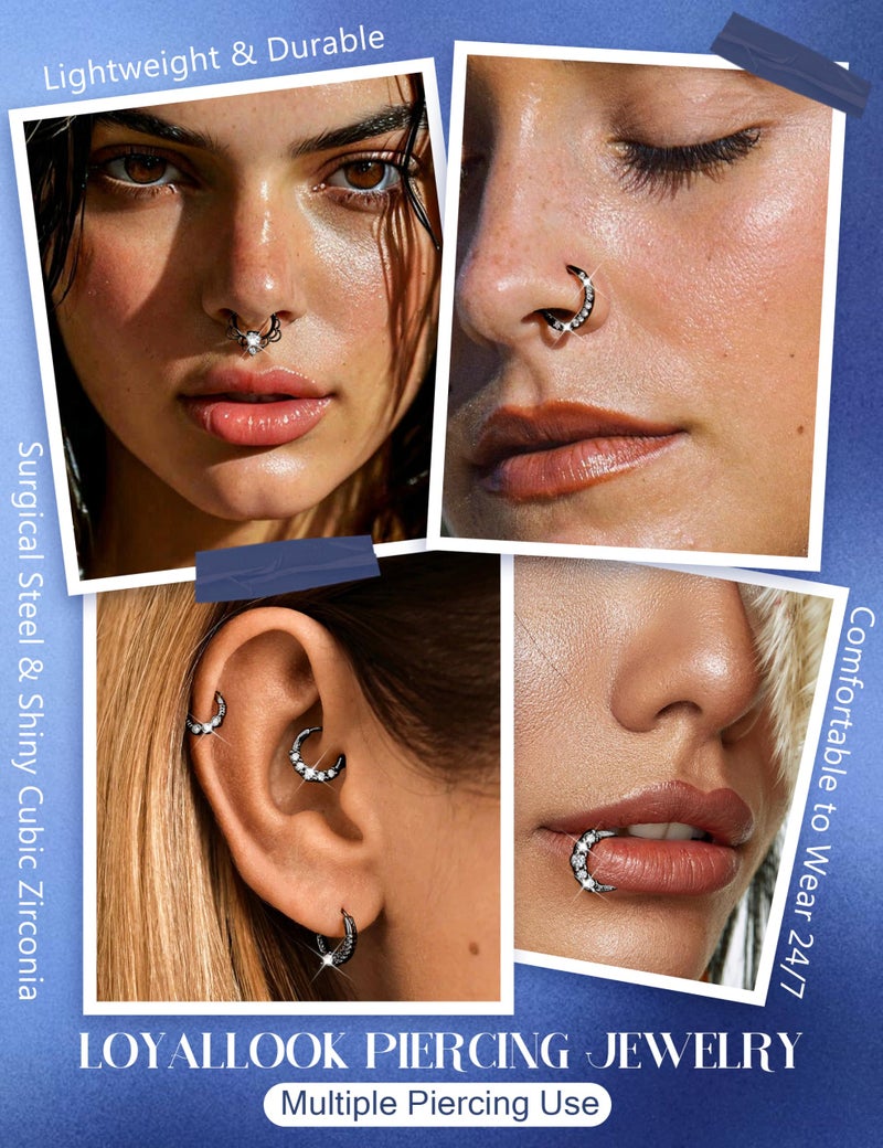 LOYALLOOK 8PCS 16G Septum Clicker Ring Stainless Steel CZ Opal Cartilage Helix Tragus Hoop Daith Earrings Nose Rings Hoop Hinged Segment Clicker Ring Piercing Jewelry Black Tone 10mm - Image 5