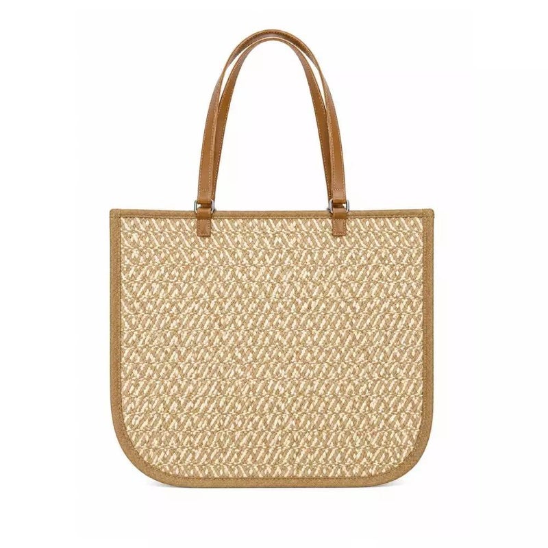 Womens Hand Woven Natural Raffia Beach Hand Bag With Flat Leather Handle- Beige