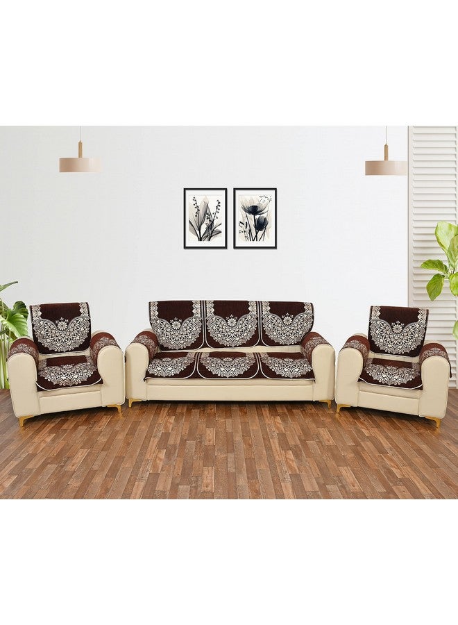 SAWNA HOMES 5 Seater Printed Sofa Cover Set with Arm Covers | Velvet Chenille Sofa Back Slip Panels for 3,1,1 Seater Sofa | Anti-Slip Washable Sofa Protectors for Living Room (12 Pcs, Coffee) - Image 1