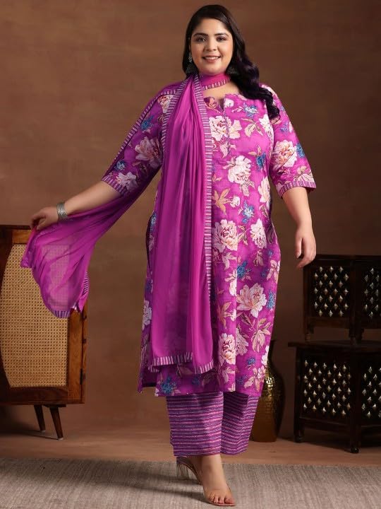 MEERA FAB Women Cotton Blend Plus Size Floral Printed Kurta with Palazzo & Dupatta Pink - Image 2