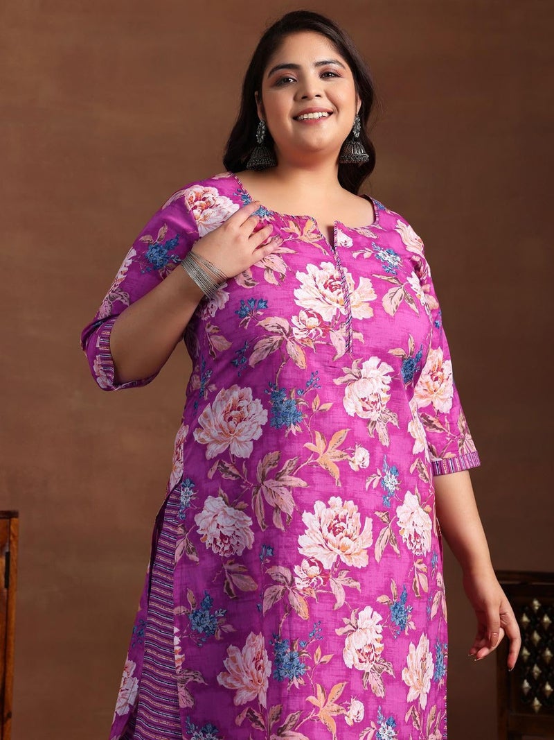 MEERA FAB Women Cotton Blend Plus Size Floral Printed Kurta with Palazzo & Dupatta Pink - Image 4