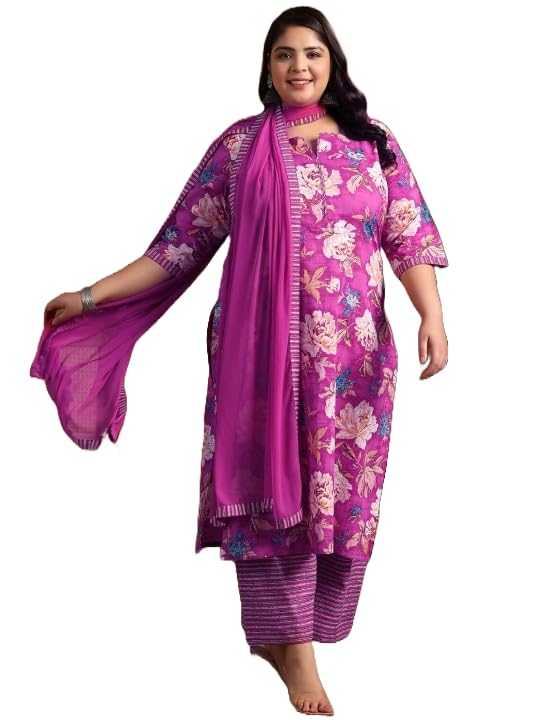 MEERA FAB Women Cotton Blend Plus Size Floral Printed Kurta with Palazzo & Dupatta Pink - Image 1