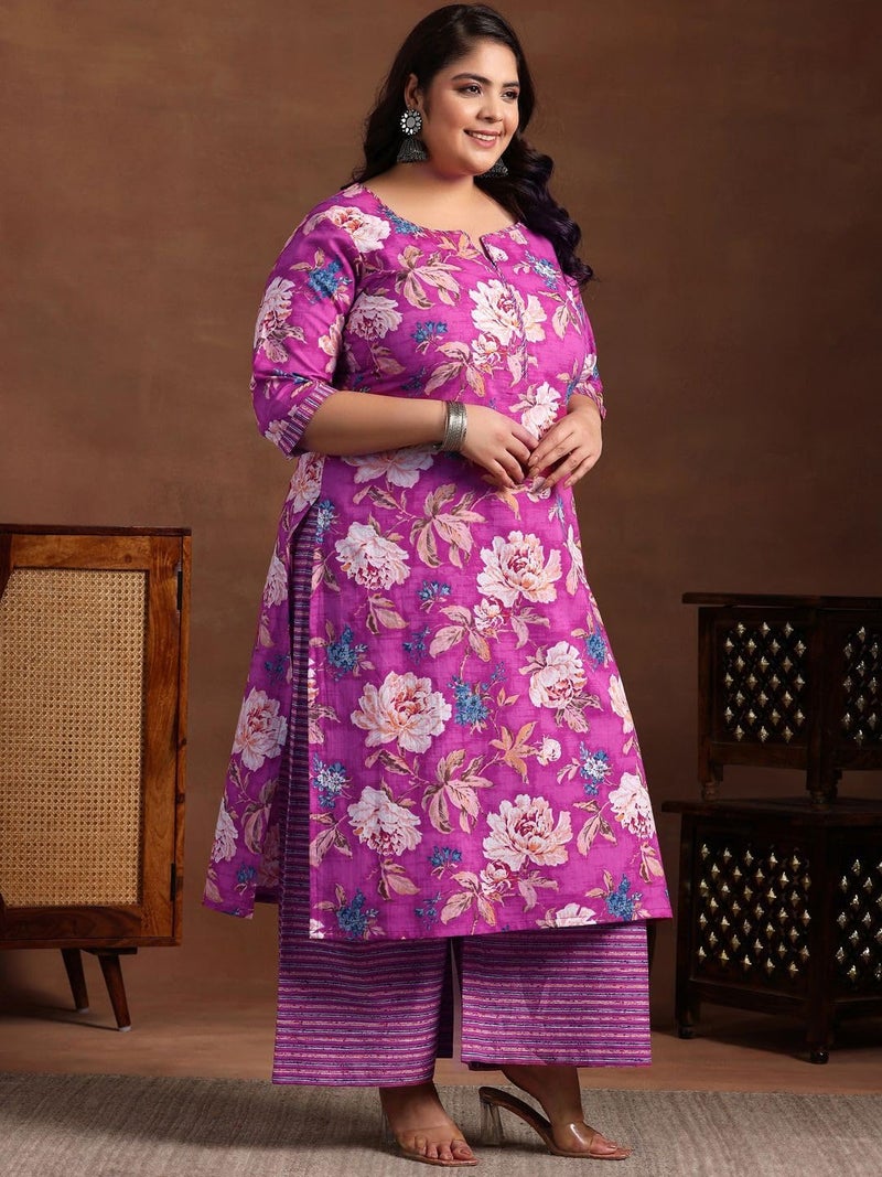 MEERA FAB Women Cotton Blend Plus Size Floral Printed Kurta with Palazzo & Dupatta Pink - Image 5