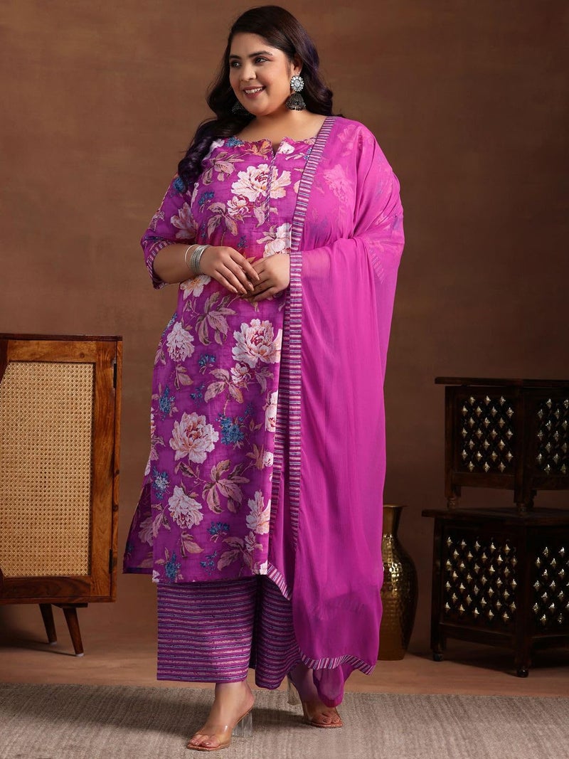MEERA FAB Women Cotton Blend Plus Size Floral Printed Kurta with Palazzo & Dupatta Pink - Image 3