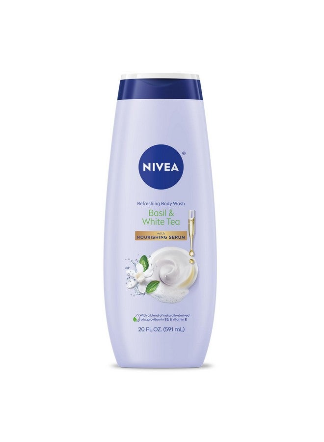 نيفيا غسول الجسم المنعش من نيفيا بالريحان والشاي الأبيض، غسول للجسم معطر مع سيروم مغذي، زيوت نباتية، دهون أساسية للبشرة وفيتامينات، زجاجة سعة 20 أونصة سائلة - Image 1