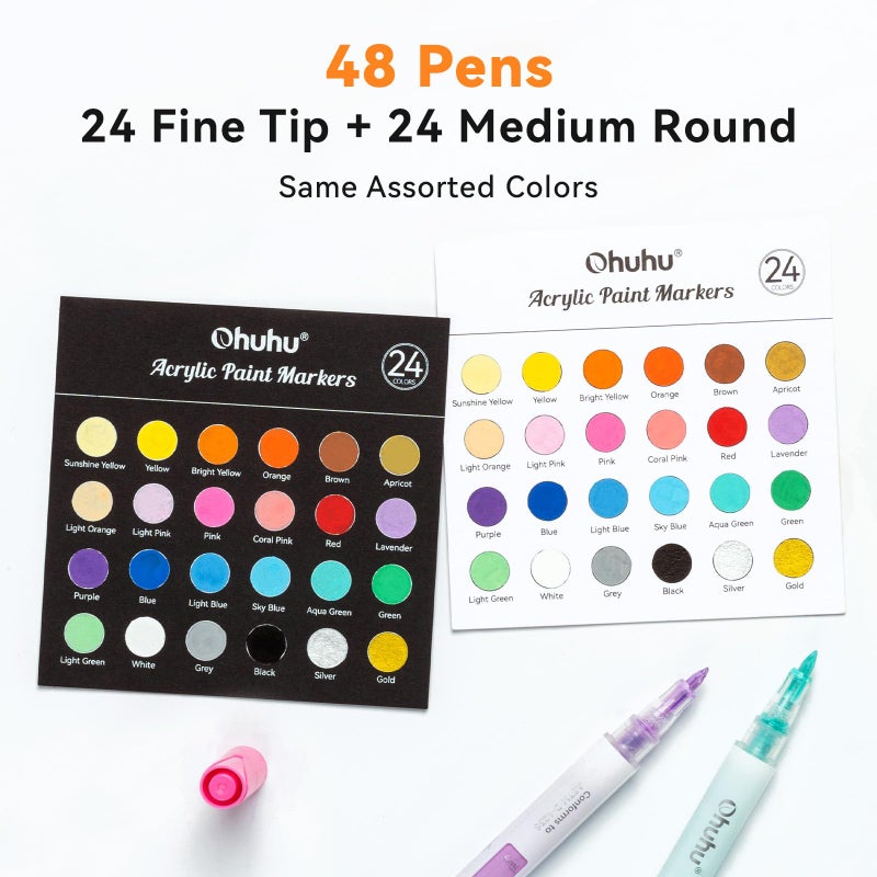 Ohuhu Acrylic Paint Markers, 48 Paint Pens Set of 24 Fine & 24 Round Tip in Same Assorted Colors - Reversible Chisel & Round - Good Coverage Acrylic Markers for Rock Painting Easter Egg Wood Plastic - Image 2