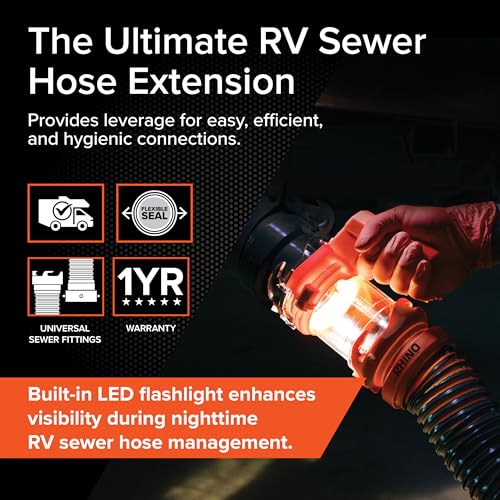 Camco Rhino RV Sewer Hose Extender PRO – 5″ Sewer Hose Extension — Torque-Grip Handle with Built-in LED Flashlight — The Easiest Way to Connect Your RV Sewer Hose (39570) - Image 3
