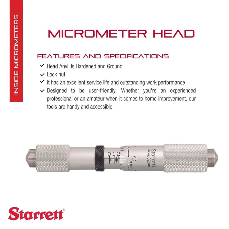 Starrett Micrometer Head with Lock Nut Hardened and Ground Head Anvil for 823C 823D 823E Inside Micrometers  Quick and Easy Adjustment 001 Graduations  H823CDE - Image 2
