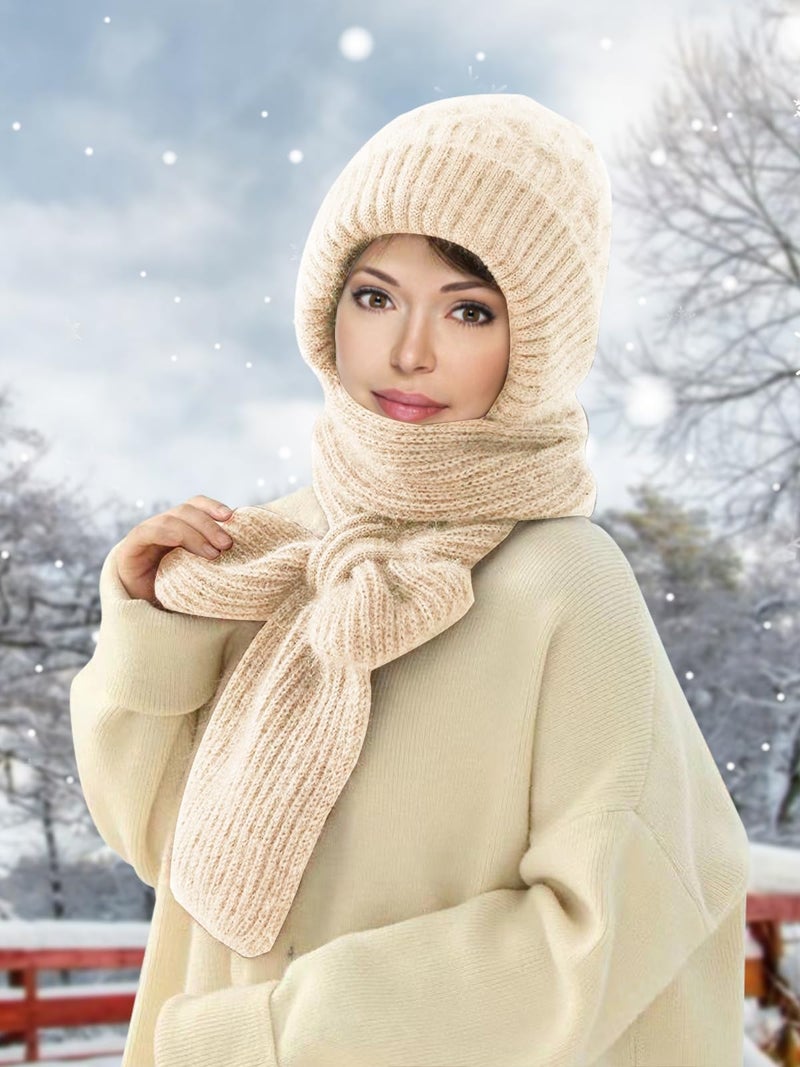 Sumolux Acrylic Beanie Hat Scarf Integrated Ear Protection Windproof Cap Scarf Elastic Knitting Thick Warm Conjoined Winter, Beige, One Size, Female - Image 2