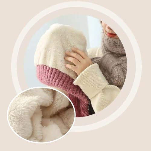 Sumolux Acrylic Beanie Hat Scarf Integrated Ear Protection Windproof Cap Scarf Elastic Knitting Thick Warm Conjoined Winter, Beige, One Size, Female - Image 5