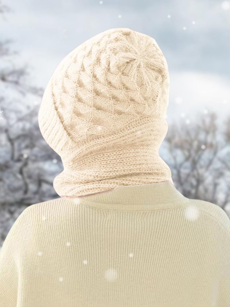 Sumolux Acrylic Beanie Hat Scarf Integrated Ear Protection Windproof Cap Scarf Elastic Knitting Thick Warm Conjoined Winter, Beige, One Size, Female - Image 4