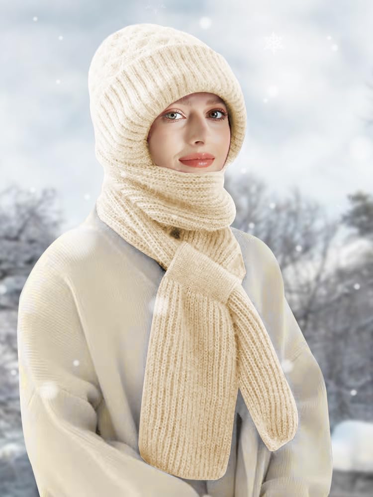Sumolux Acrylic Beanie Hat Scarf Integrated Ear Protection Windproof Cap Scarf Elastic Knitting Thick Warm Conjoined Winter, Beige, One Size, Female - Image 3