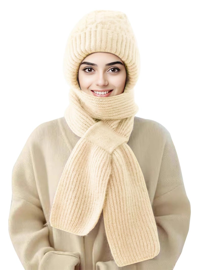 Sumolux Acrylic Beanie Hat Scarf Integrated Ear Protection Windproof Cap Scarf Elastic Knitting Thick Warm Conjoined Winter, Beige, One Size, Female - Image 1