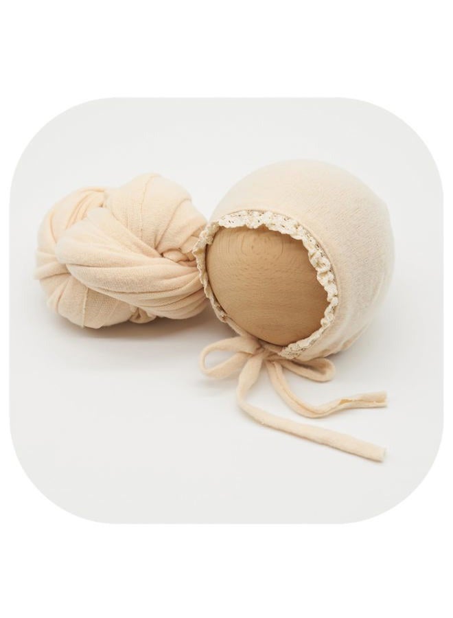 Vemonllas Newborn Photography Wrap Prop Newborn Photoshoot Outfits Ruffle Bonnet Baby Girl Boy Photo Lace Edge Hat Set (Bonnet and Wrap, Beige) - Image 2