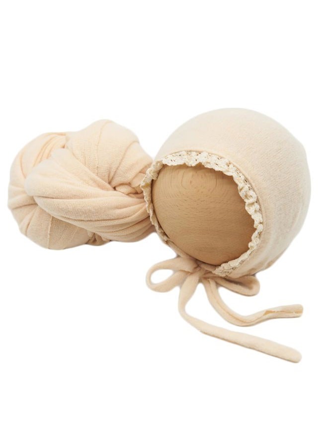 Vemonllas Newborn Photography Wrap Prop Newborn Photoshoot Outfits Ruffle Bonnet Baby Girl Boy Photo Lace Edge Hat Set (Bonnet and Wrap, Beige) - Image 1