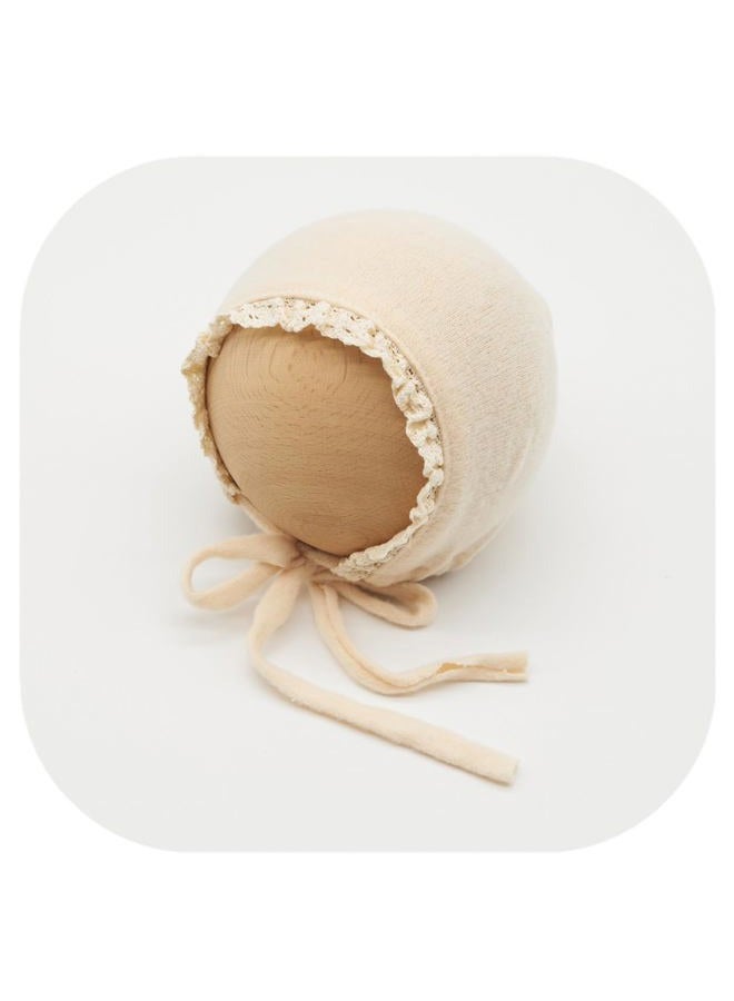 Vemonllas Newborn Photography Wrap Prop Newborn Photoshoot Outfits Ruffle Bonnet Baby Girl Boy Photo Lace Edge Hat Set (Bonnet and Wrap, Beige) - Image 4