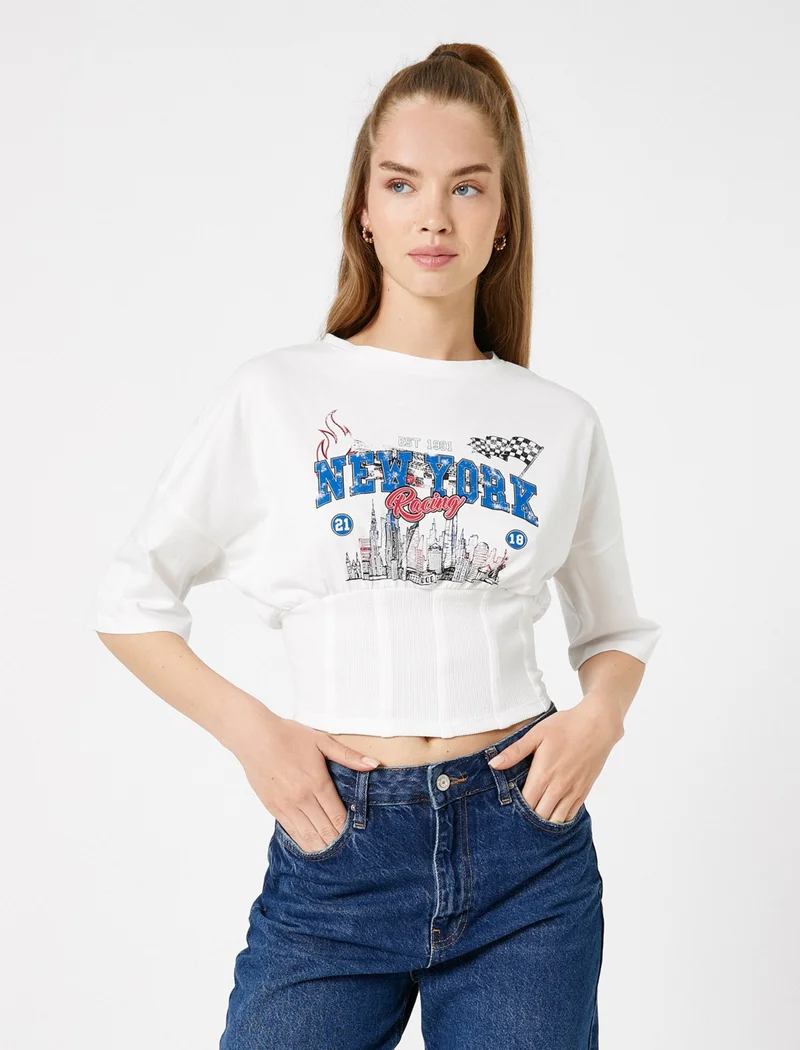 كوتون Crop T-Shirt Printed Corset Waist Short Sleeve Crew Neck Cotton