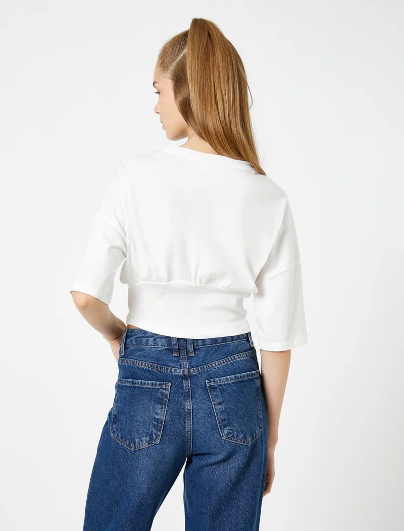 كوتون Crop T-Shirt Printed Corset Waist Short Sleeve Crew Neck Cotton