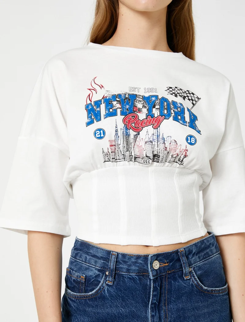 كوتون Crop T-Shirt Printed Corset Waist Short Sleeve Crew Neck Cotton